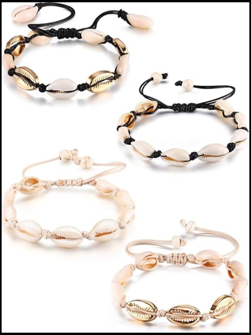4 Cowrie Shell Ankle Bracelets Beach Boho Anklet Set Adjustable Slipknot